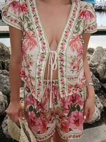 Durrani Popal Áo sơ mi buộc vạt họa tiết hoa, thường ngày khi đi nghỉ, trang phục đi nghỉ cho phụ nữ, trang phục đi nghỉ cho phụ nữ, trang phục đi nghỉ ở bãi biển, trang phục mùa hè cho phụ nữ, áo mùa hè, mùa hè - Nhiều màu - Xem 3