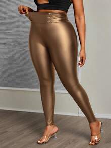 SHEIN PETITE CURVE Quần bó da lưng cao màu đen cỡ lớn cho nữ vào mùa thu đông - Vàng - Xem 5