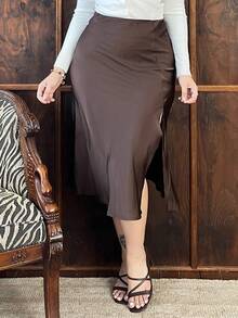 Arliah 2025 Autumn Women's Coffee Brown A-Line Skirt, Suitable For Business, Casual, Daily Commute, Elegant Beach Resort, Wedding Guest, Brunch, Airport, 90s Vintage Inspired, Office Wear, Teacher Attire - Brown - View 3