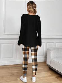 EMERY ROSE Plus Size Women Casual Long Sleeve Top & Plaid Pant 2 Pieces Set,Black And White,Autumn,Elegant,Smart Casual,Everyday Comfortable Lounge Outfits - Multicolor - View 6