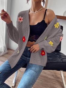SHEIN LUNE Women's Colorful Floral Decor Casual Long Sleeve Cardigan, Christmas - Mocha Brown - View 4