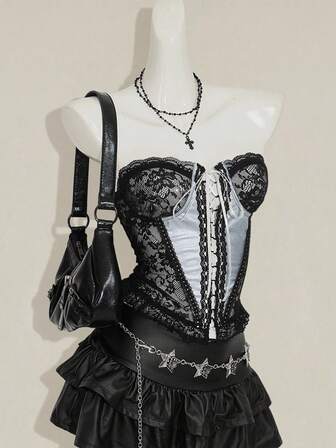 SHEIN ICON Y2K 女式哥特黑银撞色性感蕾丝系带抹胸上衣