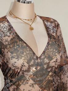 SHEIN ICON Váy peplum cổ chữ V tay loe họa tiết Paisley phong cách Bohemian cỡ lớn cho nữ - màu nâu - Xem 6