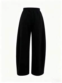 SHEIN 女式纯色松紧腰宽松休闲运动裤 - 黑色 - 查看 3