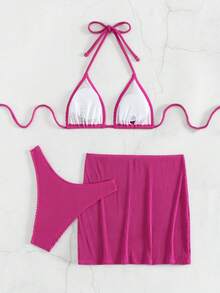 Costavie Bộ bikini dây cổ màu trơn đi biển mùa hè cho nữ kèm váy che, 3 chiếc - Màu Hồng Tươi - Xem 2