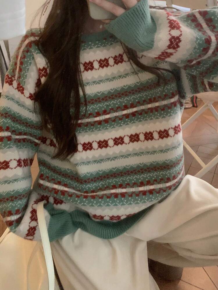 Women's Striped Patchwork Design Crew Neck Loose Pullover Sweater, Casual For Urban Lifestyle, Autumn/Winter, Christmas