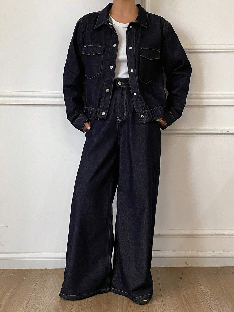 DAZY Women's Casual Pocket Jacket And Jeans Pants 2-Piece Suit, Autumn - Blue - View 1