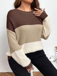 SHEIN LUNE Áo len chui đầu cổ tròn tay dài họa tiết sọc Colorblock cỡ lớn dành cho nữ, đa năng cho mùa thu/đông - Nhiều màu - Xem 5