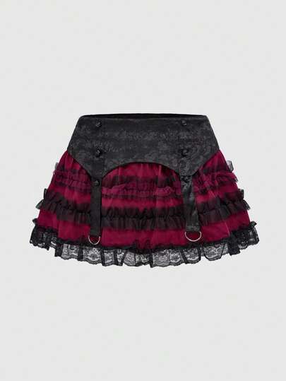 Goth Gonna mini a balze in pizzo jacquard e rete, stile gotico, taglie comode per donna