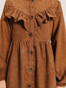 SHEIN Tween Girl Corduroy Dress,Shades Of Brown,Autumn,Elegant,Matching Family Mandarin Collar Ruffle Trim Button Waist Cinched Long Sleeve Thanksgiving - Brown - View 3