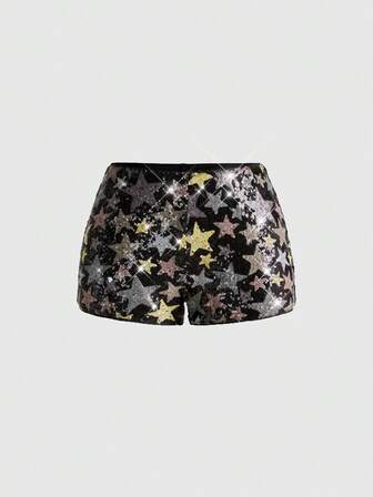 J-Fashion Pantaloncini mini a vita ultra bassa con decorazione a pentagramma glitterato, adatti per laurea, ballo di fine anno, strada, festival musicali