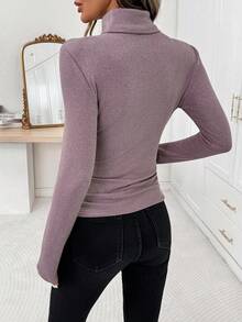 Editum Áo thun nữ cao cấp cổ cao, thắt eo, thanh lịch, phù hợp mặc hàng ngày và nhiều dịp, áo cổ lọ tay dài mùa thu/đông, áo cổ cao giả, áo tay dài dễ thương màu tím cho nữ mùa đông. - Màu xanh lam - Xem 3