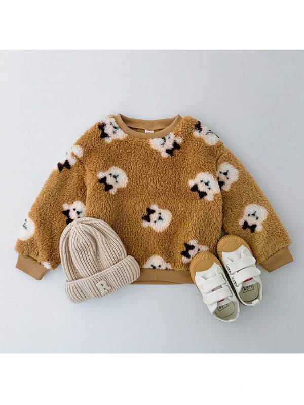 THE HAPPY LOOK Sudadera de cuello redondo de manga larga con forro polar con estampado de oso de dibujos animados para niño pequeño