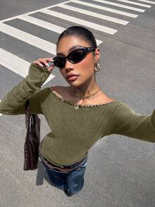 Muchica 女式复古做旧雪花露肩长袖T恤，秋冬 - 軍綠色 - 查看 5