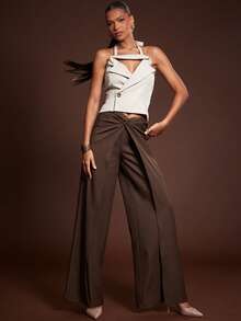 Hauture Pantalones largos de pierna ancha con envolvente fruncido sexy para la oficina de mujer - Marrón - Ver 6