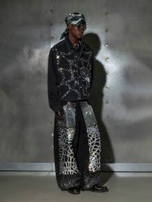 NEON BLANC Men's Fashion Long Sleeve Rhinestone Studded Spider Web Denim Shirt - Black - View 2