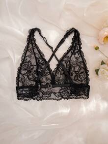 Reggiseno senza ferretto in pizzo di colore unito, comodo per le donne - nero - Visualizzare 8