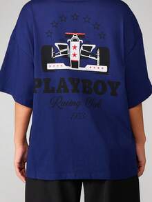 Missguided x Playboy Oversized Racing Club Cotton T Shirt With Graphic Print Unisex Style Summer Fashion Retro Racing Design Comfort Fit Casual Everyday Wear Car Racing - Blue - View 4