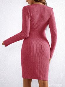 Maternity Solid Color Crossover Wrap Front Long Sleeve Ribbed Fitted Dress - Watermelon Pink - View 2