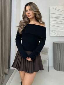 Jemour Knitted Fold Over Jumper Spring Y2K 90's Casual Cute Off The Shoulder Tops Holiday Summer Fall Autumn Winter Everyday Halloween - Black - View 4