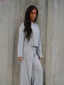 SAYEHFBABY 條紋針織落肩袖抽繩連帽衫和褲子 - 淺灰色 - 查看 4