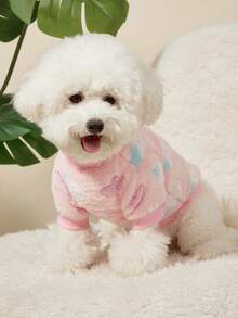 PETSIN 1 件宠物猫狗通用粉色草莓爱心图案印花毛绒保暖弹力舒适狗狗圆领 - 粉色 - 查看 7