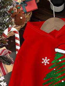 SHEIN Young Boys' Casual Fashionable Warm & Comfortable Classic Christmas, Cartoon Christmas Tree Pattern, Cute Style, Family Matching, Christmas Pattern Casual Everyday Cozy Thick Knit Long Sleeve Sweatshirt Suitable For Autumn/Winter - Red - View 4