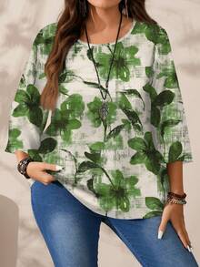 Mellowie Blusa de manga 3/4 con cuello redondo, estampado floral romántico casual, talla grande, adecuada para primavera y verano - Multicolor - Ver 3