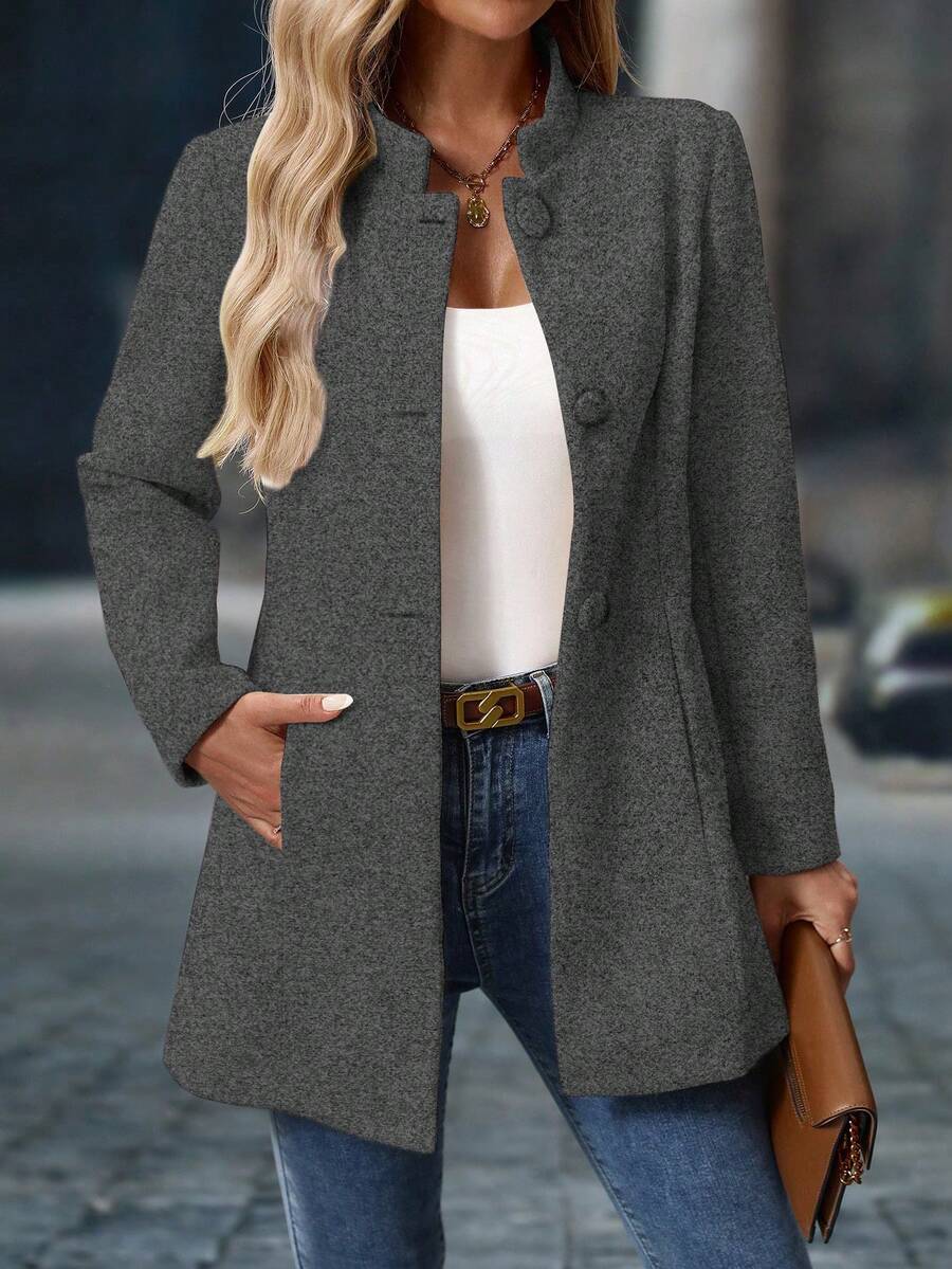 SHEIN PETITE 女士休闲立领中长款厚外套，长袖，秋冬 - 深灰色 - 查看 1