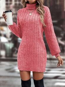 Chiquease Váy len dệt kim cổ lọ tay dài, cạp chun thường ngày - Đỏ - Xem 6