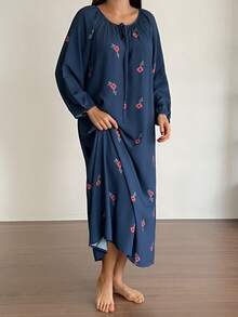 DAZY Blumenmuster Loose Damen Nachthemd mit Kordelzug Taille, Winter, Moo Moo Nachthemd