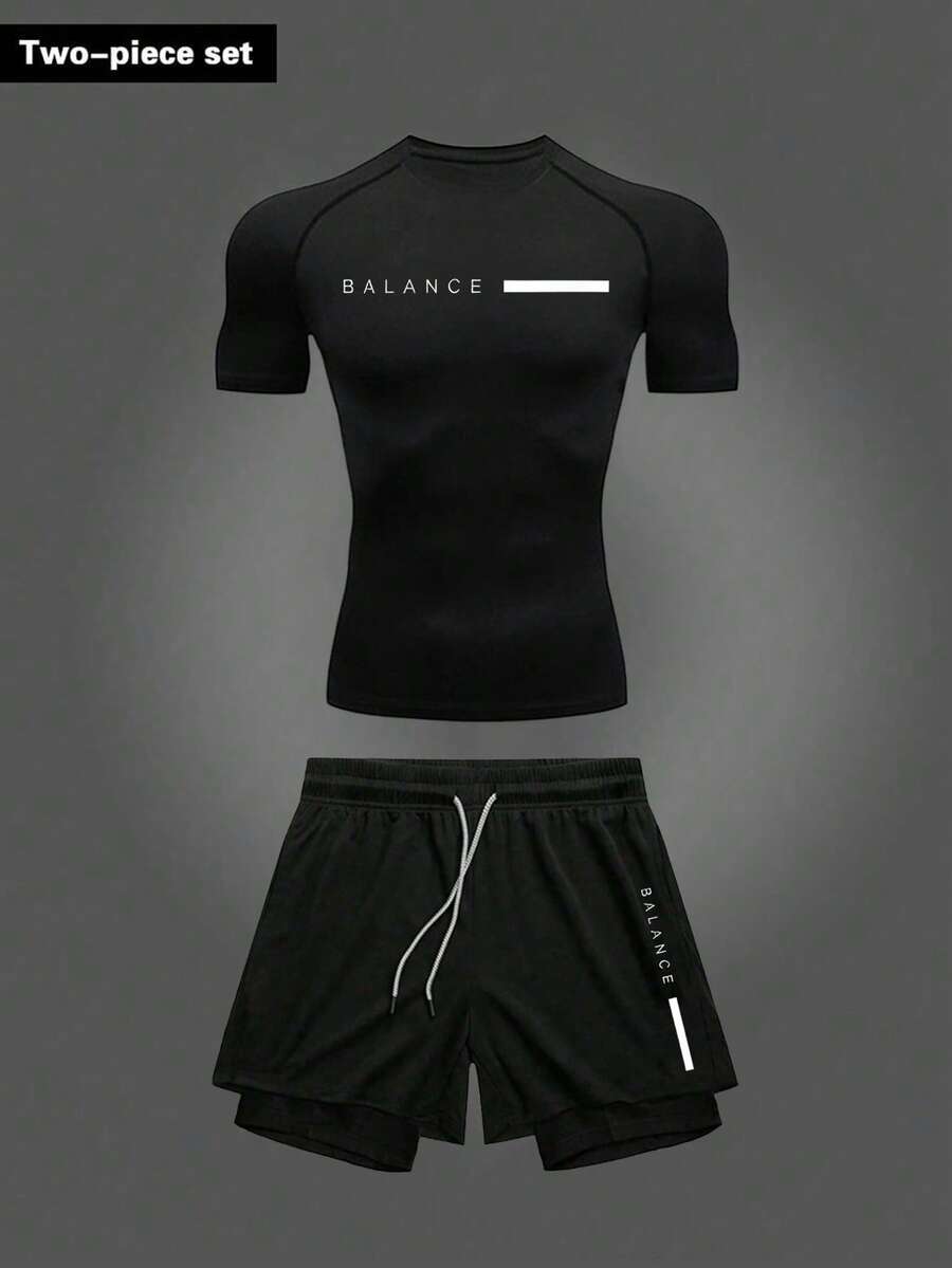 Gym Rark Set de 2 piezas de camiseta de manga corta casual y pantalones cortos con cordón para hombre - Negro - Ver 1