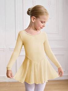 Young Girls' Long Sleeve Pink Ballet Dance Dress, Round Neck With Ruched Front Design, Cute Bow Back Design, Soft & Lightweight Mesh Skirt With Snap Crotch, Stretchy & Skin-Friendly, Suitable For Dance, Yoga & Activewear