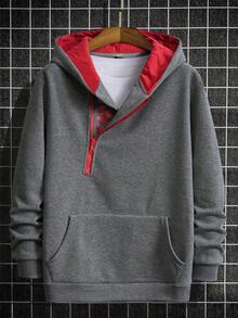 Manfinity Homme 男士休闲袋鼠口袋半拉链连帽卫衣，秋季休闲男士套头连帽衫，长袖上衣 - 灰色 - 查看 4