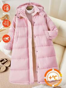 Girls' CottonPadded Coatt, Casual College Style, Long Sleeve Full Length With Pockets, Hooded Thick Coat, Suitable For Autumn/Winter Outings, Can Be Paired With Pants, Sweatpants, Dresses, Hoodies, T-Shirts, Sweaters - Dusty Pink - View 3