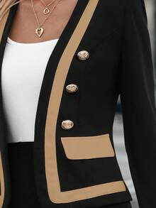 Editum Contrast Trim Button Detail Jacket & Bodycon Dress Black Two Pieces Set In Fall/Winterfall/Winter Elegant Halloween New Year Spring Summer Elegant  Formal Black - Camel - View 8