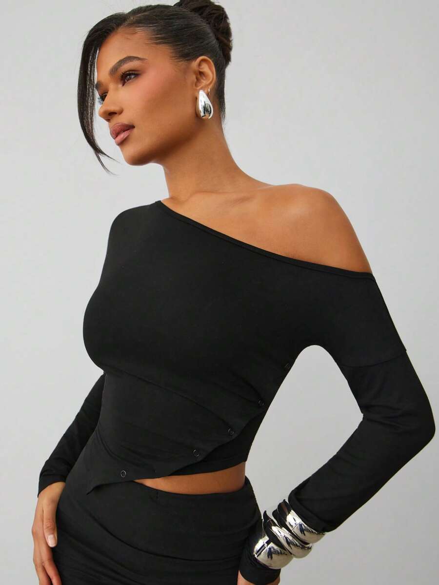 Hauture Lowkey Demure Sexy Casual Asymmetrical One Shoulder Long Sleeve Buttoned Top - Black - View 1