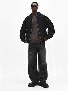 SUMWON 阔腿闪亮水钻镶边超滑板风牛仔裤，适合节日派对等休闲场合 - 棕色 - 查看 3