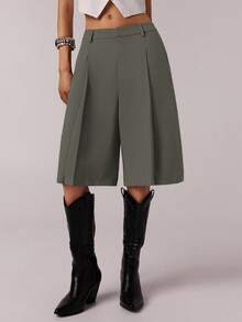 SHEIN Forever 21 Women's Minimalist Commuter Gray Bermuda Shorts, Spring - Army Green - View 4