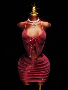 Amplova طقم ملابس علوية قصيرة ذات ترتر ذهبية باللون الأحمر الكرزي وتنورة قصيرة منخفضة الخصر، طقم نسائي مكون من قطعتين