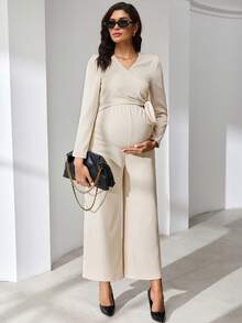 MaterniWear Elegant Maternity Solid Color Tie-Waist Jumpsuit For Commuting - Apricot - View 5