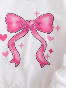 Girls' Minimalist Fashion Bow Embroidered V-Neck Pullover Sweatshirt With Matching Side Stripe Straight Leg Pants Set, Casual Autumn/Winter Outfit - Hot Pink - View 4