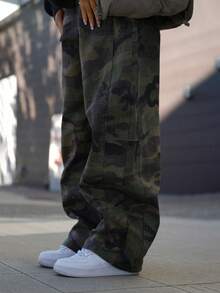 SAYEHFBABY 女式休闲水洗迷彩喇叭牛仔裤 - 軍綠色 - 查看 6