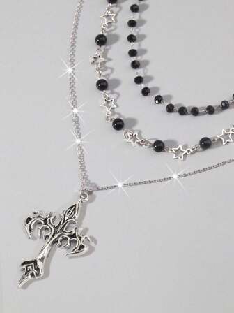 Goth 2 pièces Collier pendentif étoile style vintage punk avec strass, collier chaîne étoile double couche luxueuse sertie, Ras-du-cou streetwear