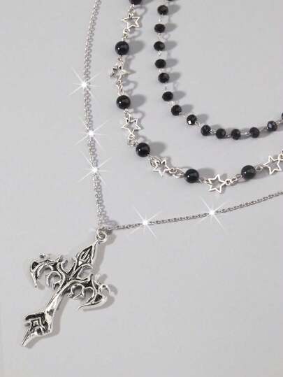 Goth 2 Stück Punk Vintage Stil Strass Stern Anhänger Halskette, luxuriöse vereiste doppellagige Stern Kette Halskette, Streetwear Choker