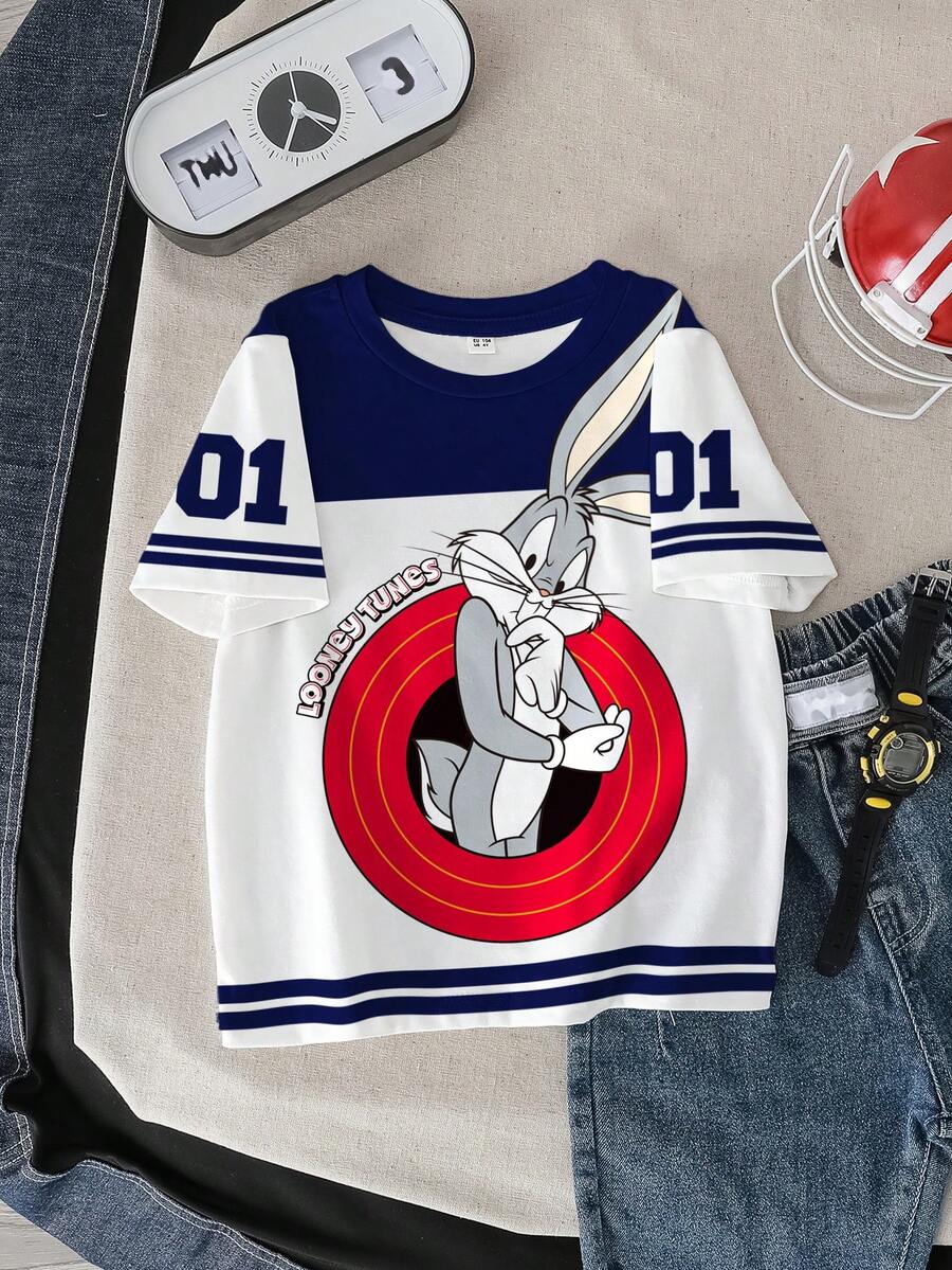 LOONEY TUNES X SHEIN T-shirt à manches courtes pour jeune garçon avec imprimé lapin et blocs de couleurs pour l'été