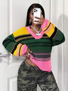 SHEIN BamGlam Suéter holgado de cuello en V con bloques de color para mujer, uso diario casual y de moda - Multicolor - Ver 5