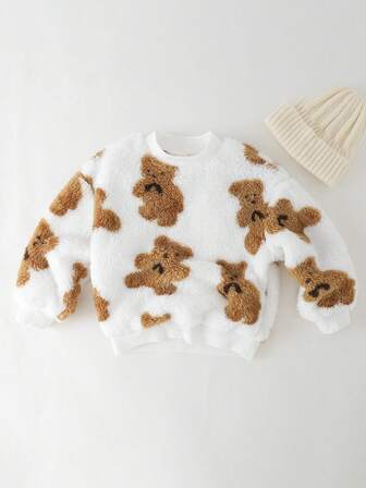 THE HAPPY LOOK Cartoon Animal Print Thermal Lined Crew Neck Long Sleeve Pullover Sweatshirt For Young Girls