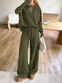 CovetEZ Set di maglione e pantaloni in maglia a tinta unita, con spalla obliqua, casual per donna - Verde militare - Visualizzare 4