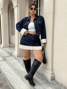 SHEIN ICON Plus Size High Waist Slimming Denim A-Line Skirt - Blue - View 5